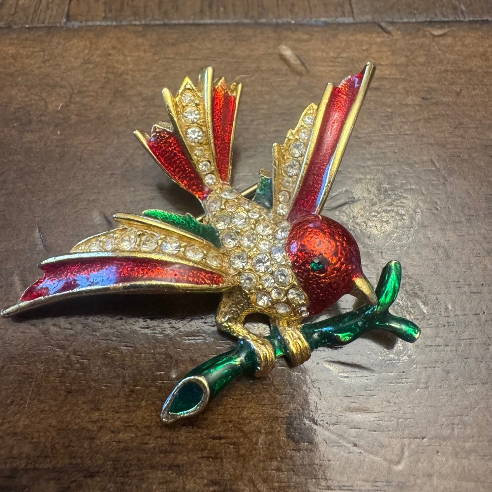 Vintage Bird Brooch Women Red Green Enamel Rhinestone Nature Figural Pin